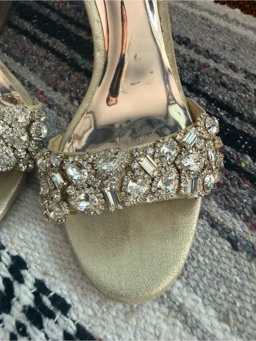 Badgley Mischka Gold Crystal Embellished Block-Heel Sandals - Picture 3 of 7